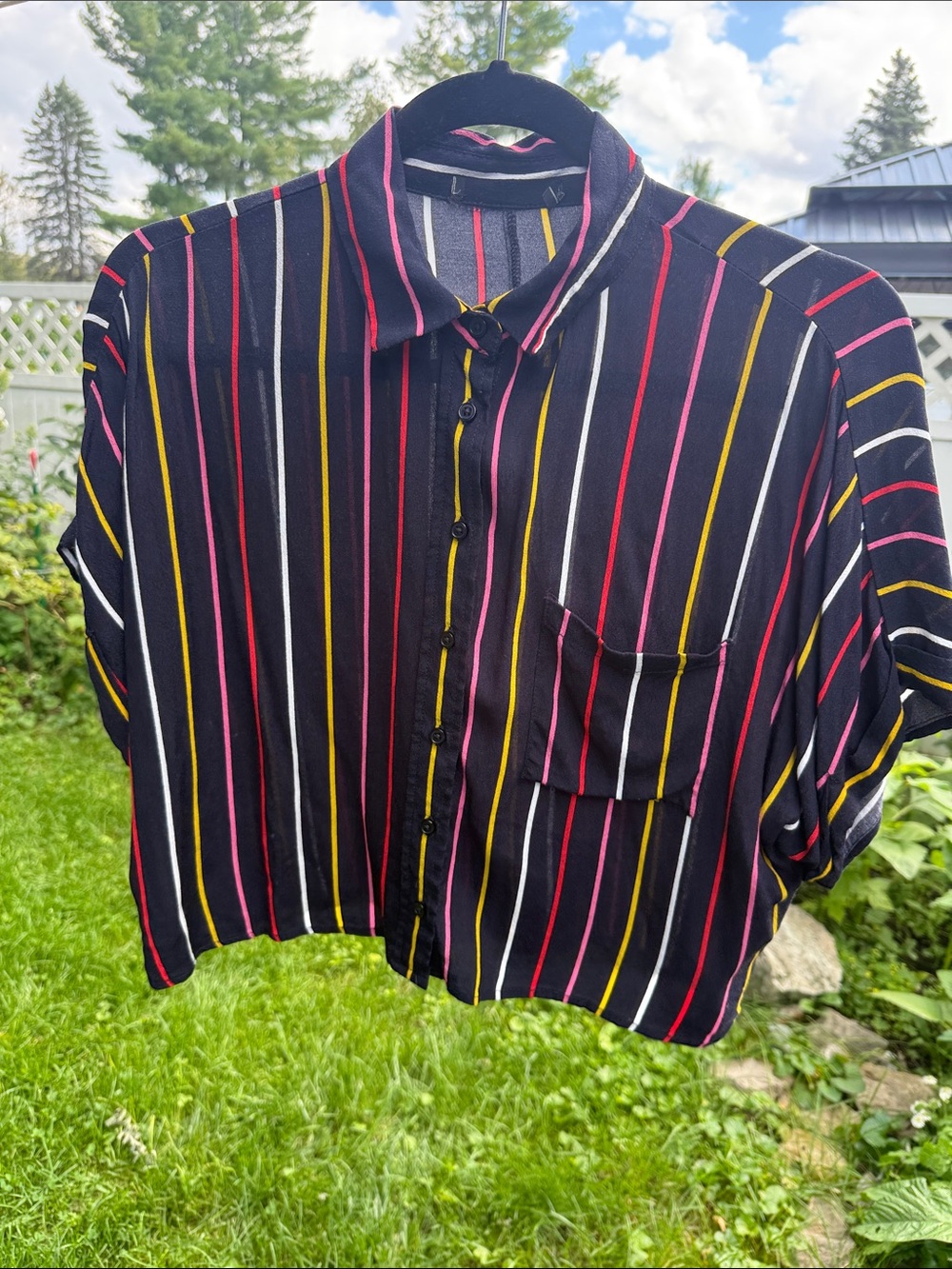 Women's Black Button-Front Blouse with Multicolor Vertical Stripes